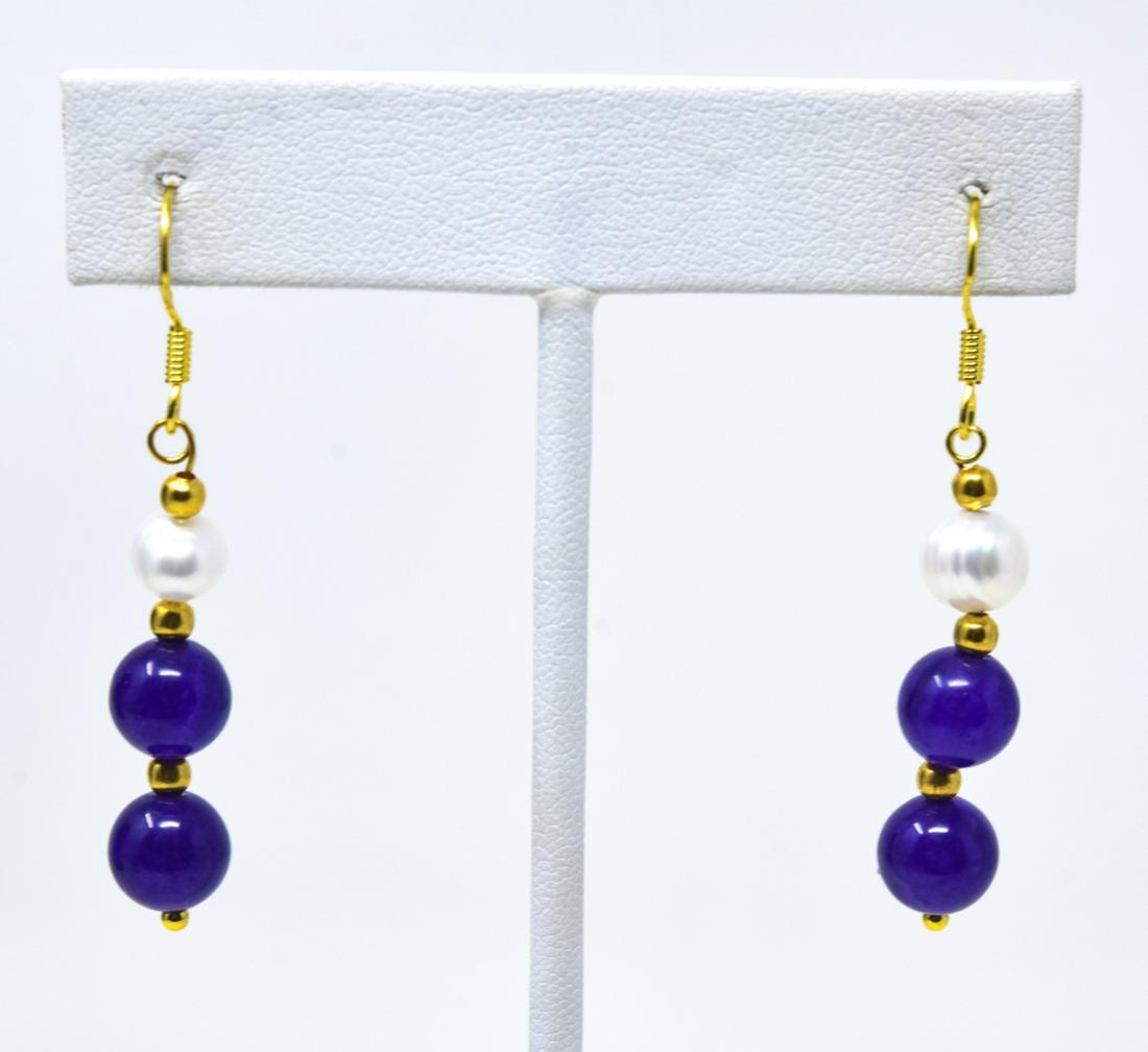 Pair Sterling Amethyst & Baroque Pearl Earrings: Pair of Gold Over Sterling Silver, Carved Amethyst & Baroque Pearl Earrings. Hallmarked 925. Each measures approximately 2 inches in length.
