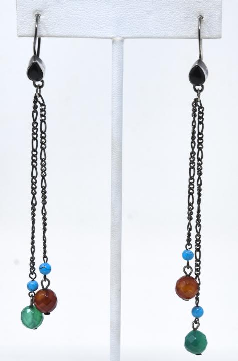 Sterling Onyx Turquoise & Carnelian Earrings: Sterling Silver Onyx Turquoise & Carnelian Earrings. Each measures 4.5 inches in length.