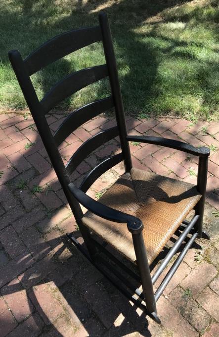 Antique 19th C American Shaker Style Rocking Chair: Antique 19th C American Shaker Style Rocking Chair. Carved frame. Measures 41 x 20.5 x 25.5 inches. Property of a South Salem, New York Circa 1860s Farmhouse.