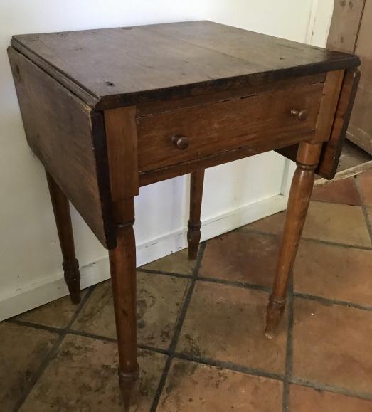 Antique 19th C American Drop Leaf End Table: Antique 19th C American Drop Leaf End Table w Drawer. Measures 29 x 19.5 x 19 inches. Each leaf adds 9 inches. Property of a South Salem, New York Circa 1860s Farmhouse.