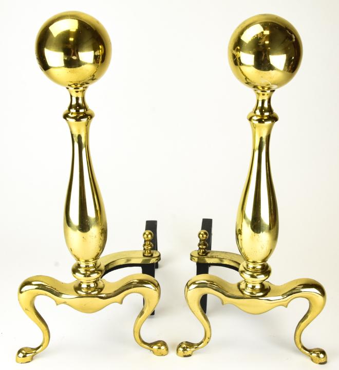 Pair Brass and Cast Iron Andirons: Pair Brass and Cast Iron Andirons. Never used. 19 inches x 8 inches x 12 inches each