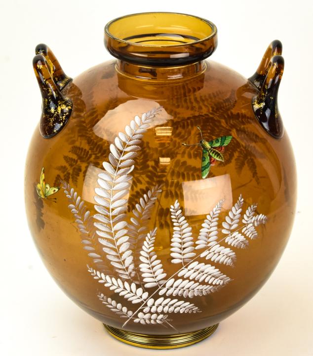 Antique Hand Painted Amber Glass Amphora Vase: Antique Hand Painted Amber Glass Amphora Vase with Butterfly and Ferm Motif. 11 inches x 10 inches in diameter.