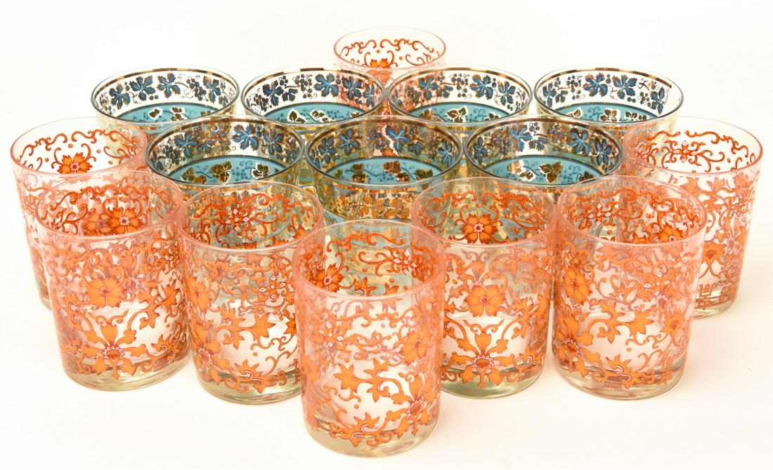 2 Sets Vintage Bar Glassware Gilt & Enamel: 2 Sets Vintage Bar Glassware Gilt & Enamel. One set has a Chinoisserie pattern in orange and white, the other is a grape and grape leaf motif in robins egg blue and gilt. Larger glasses are 4 inches x