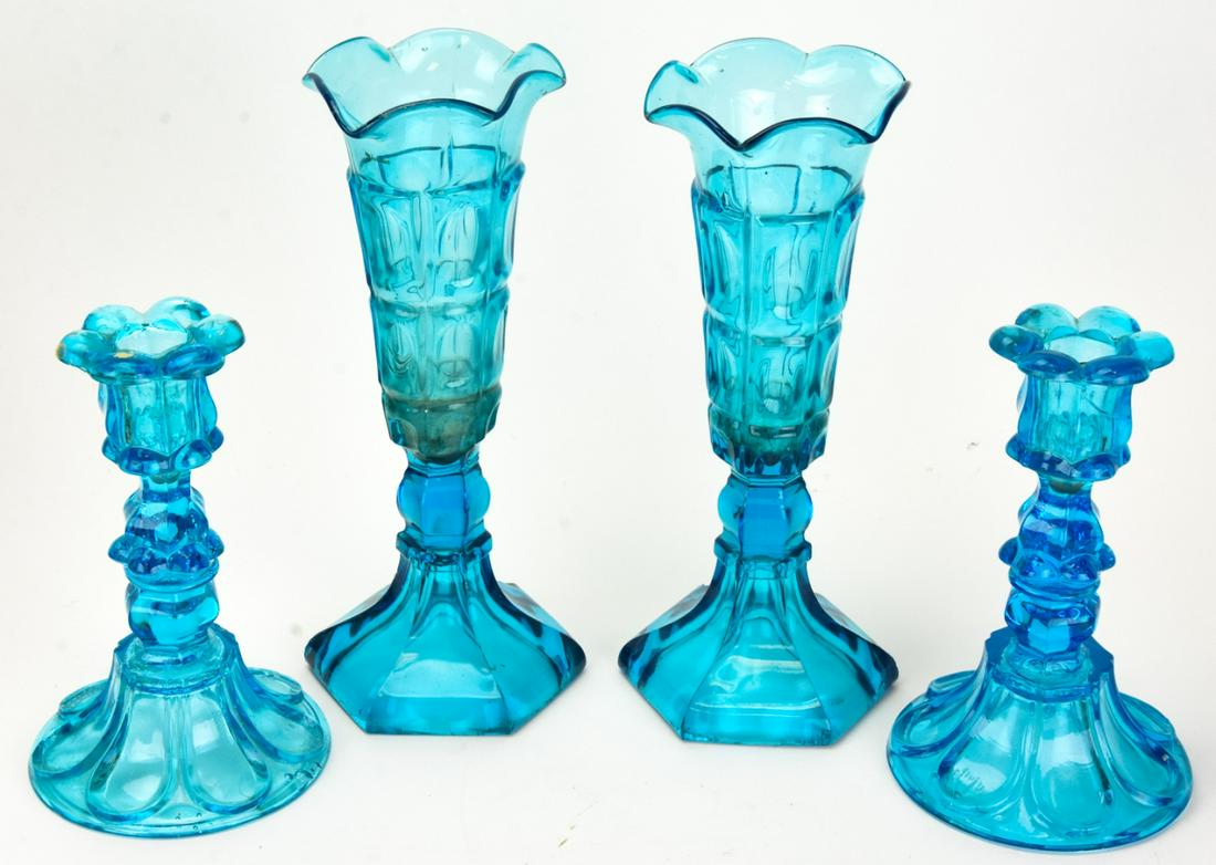Antique Turquoise Blue Glass Tabletop Items: Antique Turquoise Blue Glass Tabletop Items. 10 inches x 4 inches in diameter.
