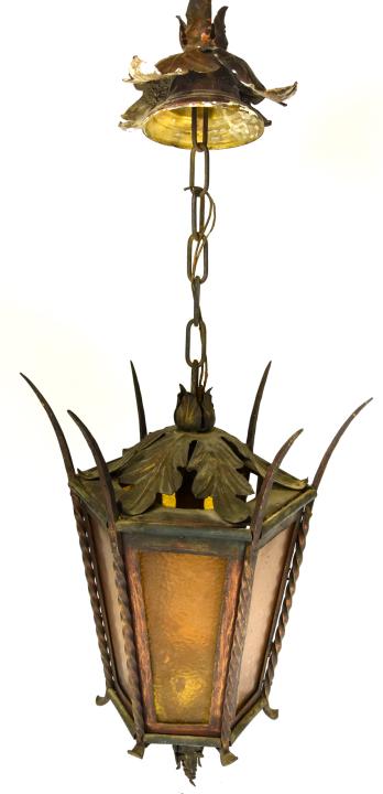 Antique Hand Forged Hanging Amber Glass Lantern: Antique Hand Forged Hanging Amber Glass Lantern or Pendant Light. Amber Glass Inserts. Electric. 20 inches x 12 inches in diameter without chain length.