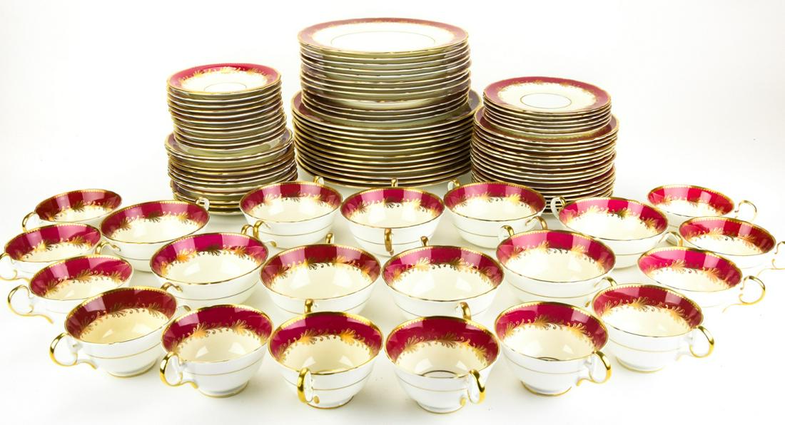 Ansley England Bone China Service for 12 #8013: John Ansley & Sons England Bone China Service for 12 in Pattern #8013, Rutland Burgundy and Gold Lace Bands. 12 Dinner and Lunch Plates, 17 cake or salad plates, 11 coffee cups and saucers, 11 handled