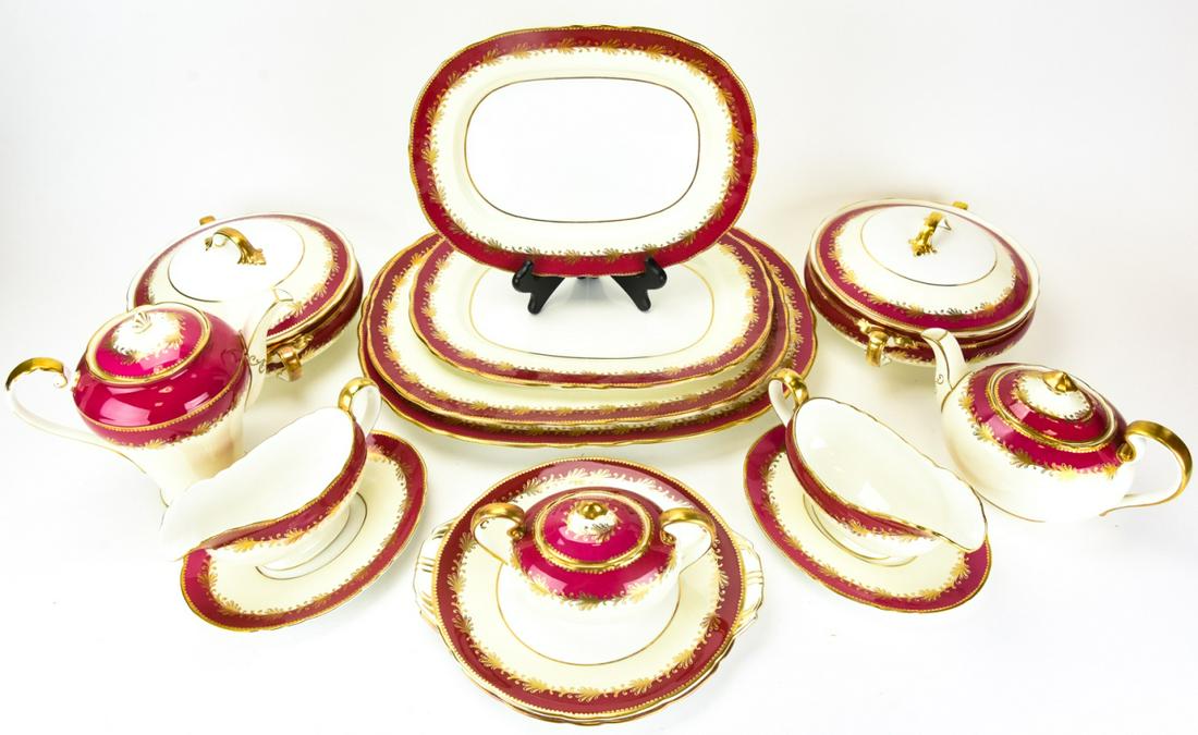 Ansley England Bone China Serving Pieces #8013: Large Collection of John Ansley & Sons England Bone China Serving Pieces in Pattern #8013, Rutland Burgundy and Gold Lace Bands. 4 Platters in different sizes, 2 covered terrines, coffee and tea pots,