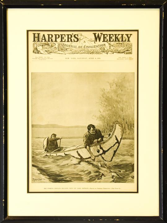 Harper's Weekly April 4th 1891 Framed Page: Harper's Weekly April 4th 1891 Framed Page. Measures 20 x 15 inches. Remington Fish Scene in black frame.