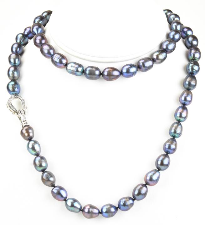 32 In Baroque Tahitian Pearl Necklace w Pave Clasp: 32 Inch Baroque Tahitian Pearl Necklace w Pave Clasp. Hand knotted on black silk thread. Pearls are approximately 9 to 10 mm in length and are in high luster tones of black, silver, gray and champagne
