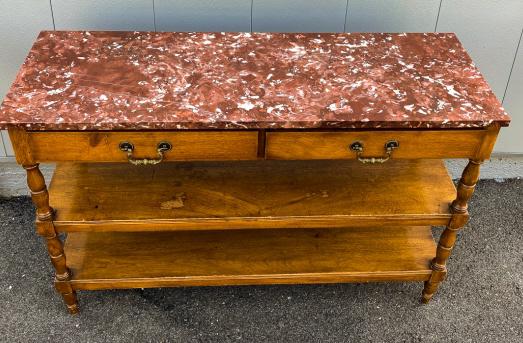 Fruitwood Console Table w Rouge Marble Top: Fruitwood Console Table w Rouge Marble Top. Drawers and open shelves for display. Measures 30 x 45 x 15.5 inches. Property of a designer decorated Manhattan, New York penthouse apartment.