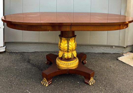 Antique Gilded Pedestal Base Oval Dining Table: Antique Carved & Gilded Pedestal Base Oval Dining Table. Can be extended with three leaves. Measures 29.5 x 60 x 40 inches, each leaf adds 20 inches. Property of a designer decorated Manhattan, New Yo