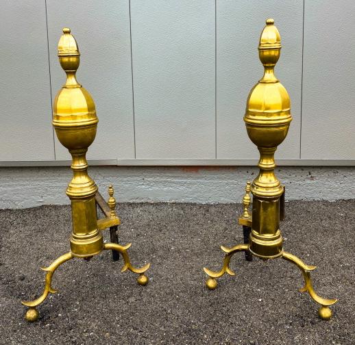 Pair of Antique English Style Gilt Brass Andirons: Pair of Antique English Style Gilt Brass Andirons. One finial needs to be resoldered or glued. Each measures 25 inches in height. Property of a designer decorated Manhattan, New York penthouse apartme