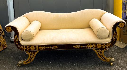 Empire Style Neo Classical Form Sofa w Claw Feet: Empire Style Neo Classical Form Sofa w Claw Feet. Camel back and with hand painted detail. Measures 31 x 70 x 24 inches. Property of a designer decorated Manhattan, New York penthouse apartment.