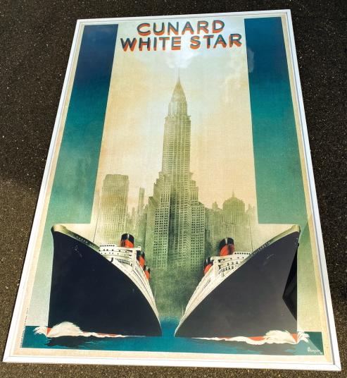 Large Scale Framed Cunard White Star Ship Poster: Large Scale Framed Cunard White Star Ship Poster. Measures 75.5 x 49 inches. Property of a designer decorated Manhattan, New York penthouse apartment.