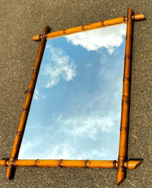Antique Carved Wood Faux Bamboo Wall Mirror: Antique Carved Wood Faux Bamboo Wall Mirror. Measures 40 x 30 inches. Property of a designer decorated Manhattan, New York penthouse apartment.