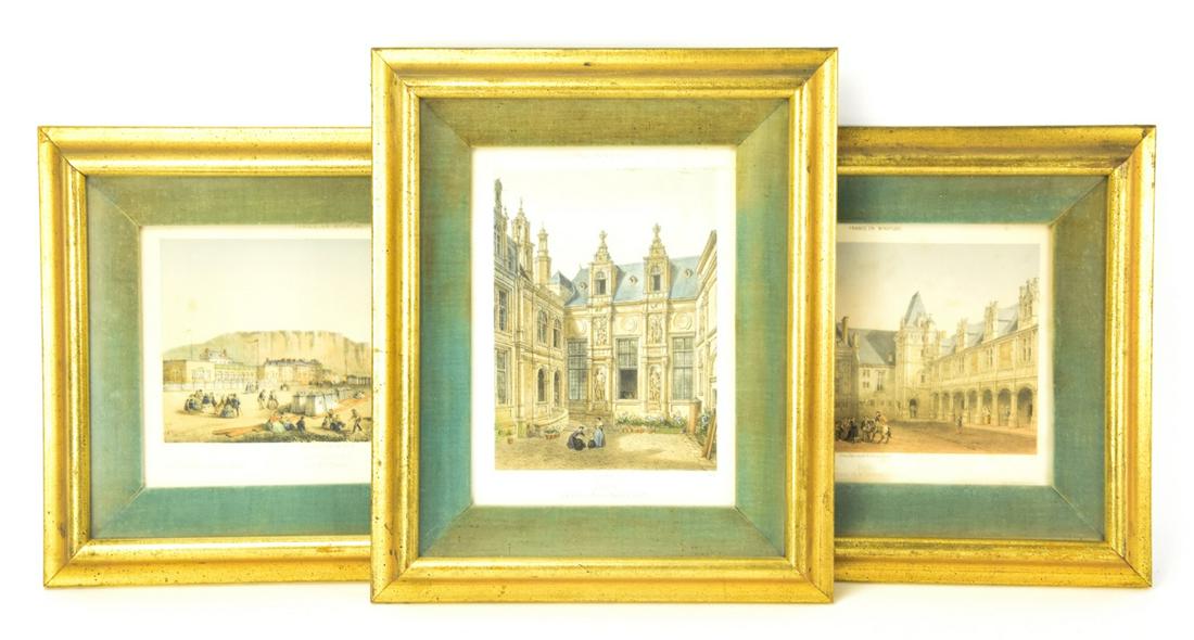Three Antique Gilt Framed Paris, France Prints: Three Antique Gilt Framed Paris, France Prints. Each with gilt frame and velvet matting. Marked Imp Lemercier Paris / Paris E Morier 53 Rue St Andre des Arts. Each measures 11 x 14 inches.