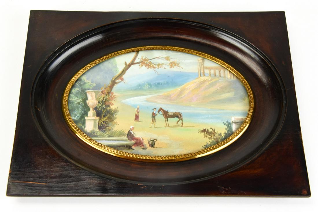 Antique Framed Neapolitan School Gouache Painting: Antique Framed Neapolitan School Gouache Painting. In ebony tone frame with ormolu trim. Measures 7 x 9 inches.