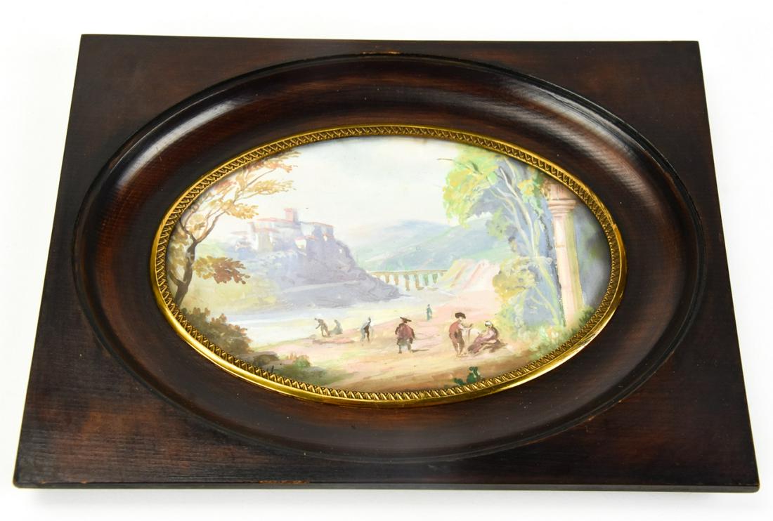 Antique Framed Neapolitan School Gouache Painting: Antique Framed Neapolitan School Gouache Painting. In ebony tone frame with ormolu trim. Measures 7 x 9 inches.