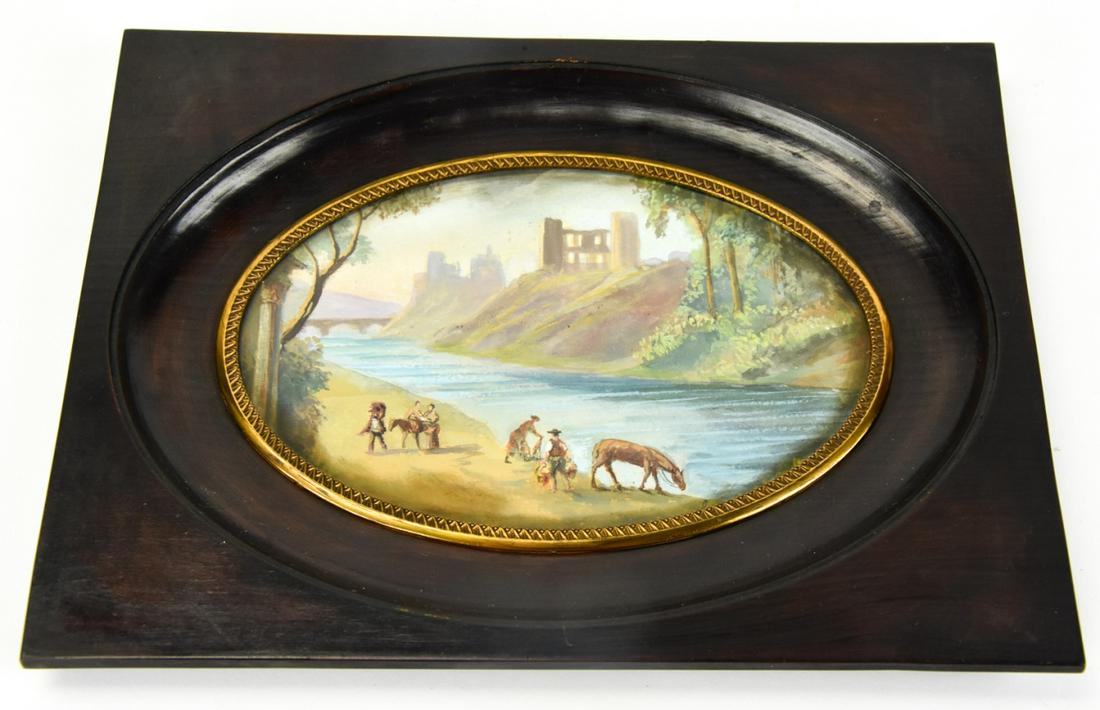Antique Framed Neapolitan School Gouache Painting: Antique Framed Neapolitan School Gouache Painting. In ebony tone frame with ormolu trim. Measures 7 x 9 inches.
