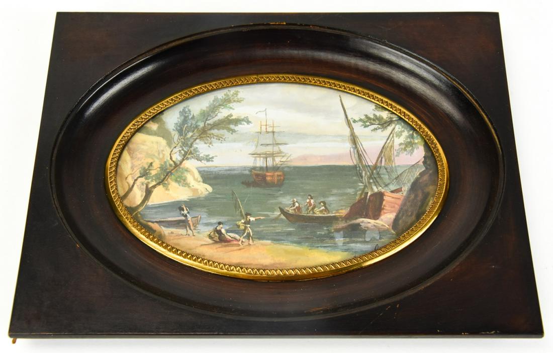 Antique Framed Neapolitan School Gouache Painting: Antique Framed Neapolitan School Gouache Painting. In ebony tone frame with ormolu trim. Measures 7 x 9 inches.