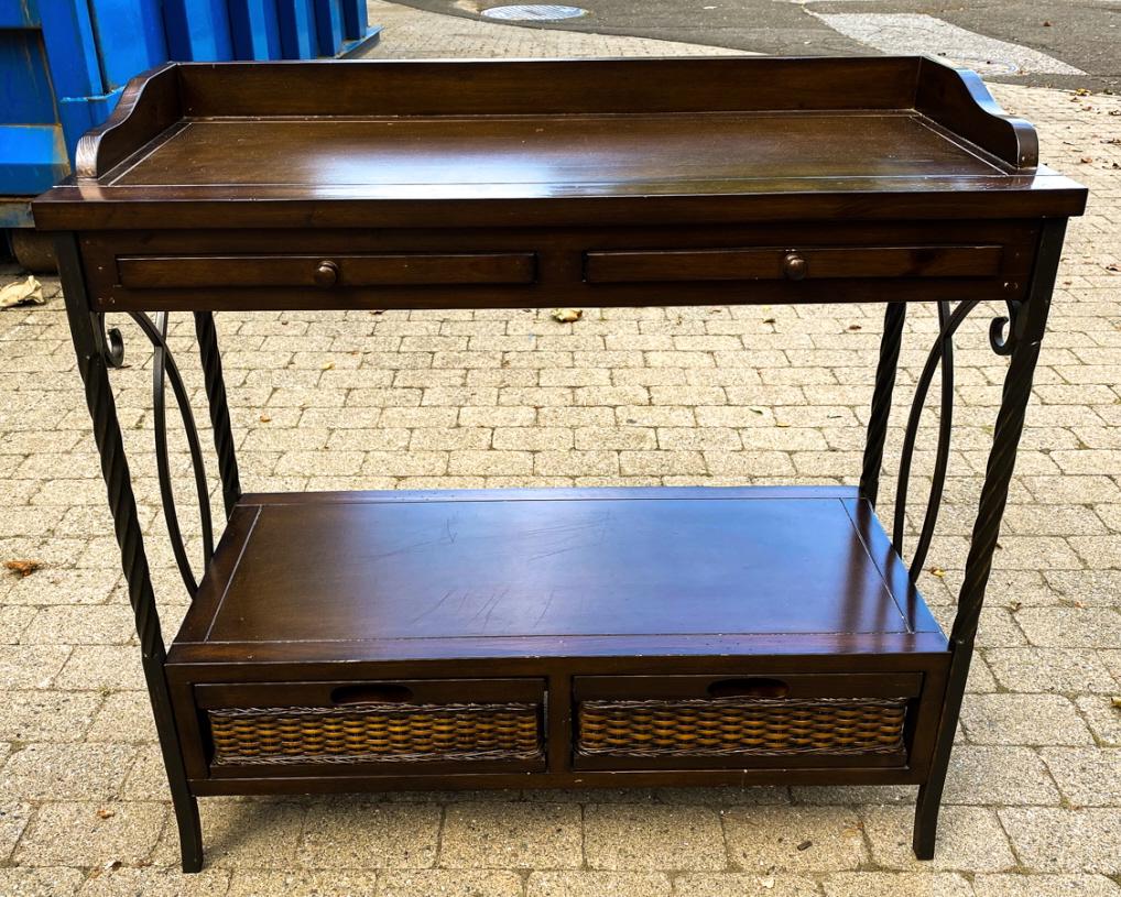 Mahogany Tone & Wrought Iron Console Table: Mahogany Tone & Wrought Iron Console Table w Drawers w Shelf. Measures 34 x 36 x 15 inches.
