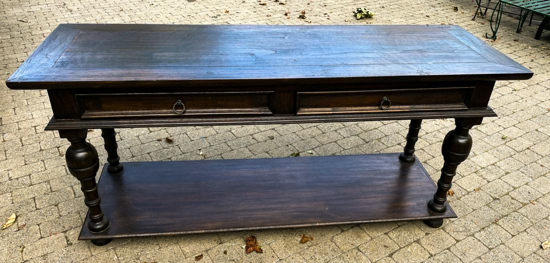 English Tudor / Jacobean Style Console or Buffet: English Tudor / Jacobean Style Console Table or Sideboard / Buffet w Drawers & Lower Shelf. Measures 33 x 73 x 23 inches.