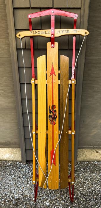 Vintage Wood & Metal Children's Toy Sled: Vintage Wood & Metal Children's Toy Sled. Measures 60 x 21 inches.