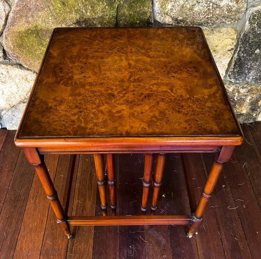 Burled Wood Drop Leaf Extendable End Table: Burled Wood Drop Leaf Extendable End Table. Measures 23 x 19 x 19 as shown.
