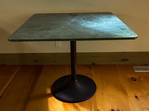 Contemporary Custom Made Granite Top Cafe Table: Contemporary Custom Made Granite Top Cafe Table / Kitchen Dining Table w Metal Base. Measures 29 x 36 x 36 inches.