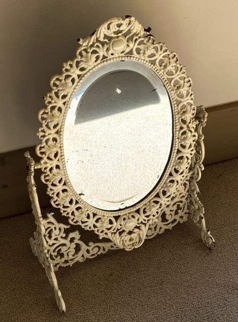 Antique 19th C Cast Iron Cheval Form Vanity Mirror: Antique 19th C Cast Iron Cheval Form Vanity Mirror. Measures 21 x 13.5 x 8 inches.
