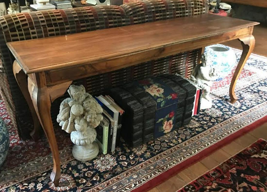 Antique French Country Carved Pine Console Table: Antique French Country Carved Pine Console Table / Sofa Table. Cabriole legs. Measures 30 x 71 x 21 inches.