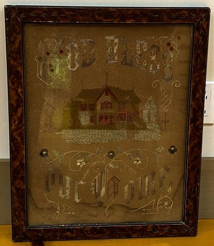 Antique 19th C God Bless Our Home Needlepoint: Antique 19th C God Bless Our Home Needlepoint. Framed. Measures 22.5 x 18 inches.