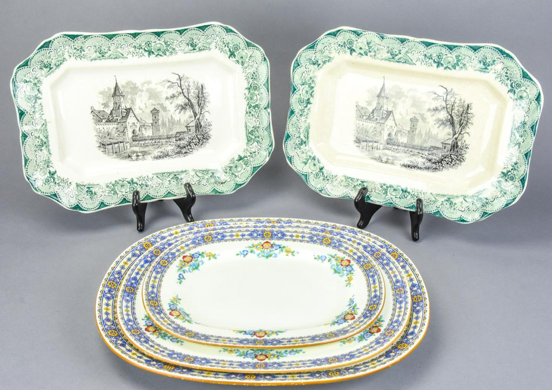 Five Antique Serving Platters Including Ironstone: Five Antique Serving Platters Including Ironstone. Mintons and Old Waller Porcelain. Largest Mintons measures 15 x 12 inches.