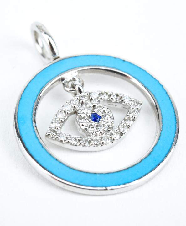 Aaron Basha 18k White Gold Diamond Evil Eye Charm: Aaron Basha 18k White Gold Diamond Evil Eye Charm – In 18k white gold marked 750 with blue enamel and diamonds. Signed Aaron Basha 750 and approximately .625 inches in diameter. Provenance: From a p