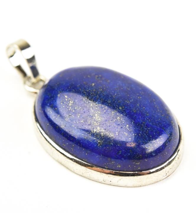 Oval Cabochon Lapis Lazuli Necklace Pendant: Oval Cabochon Lapis Lazuli w Gold Flecks Necklace Pendant. Measures 1.5 inches in length.