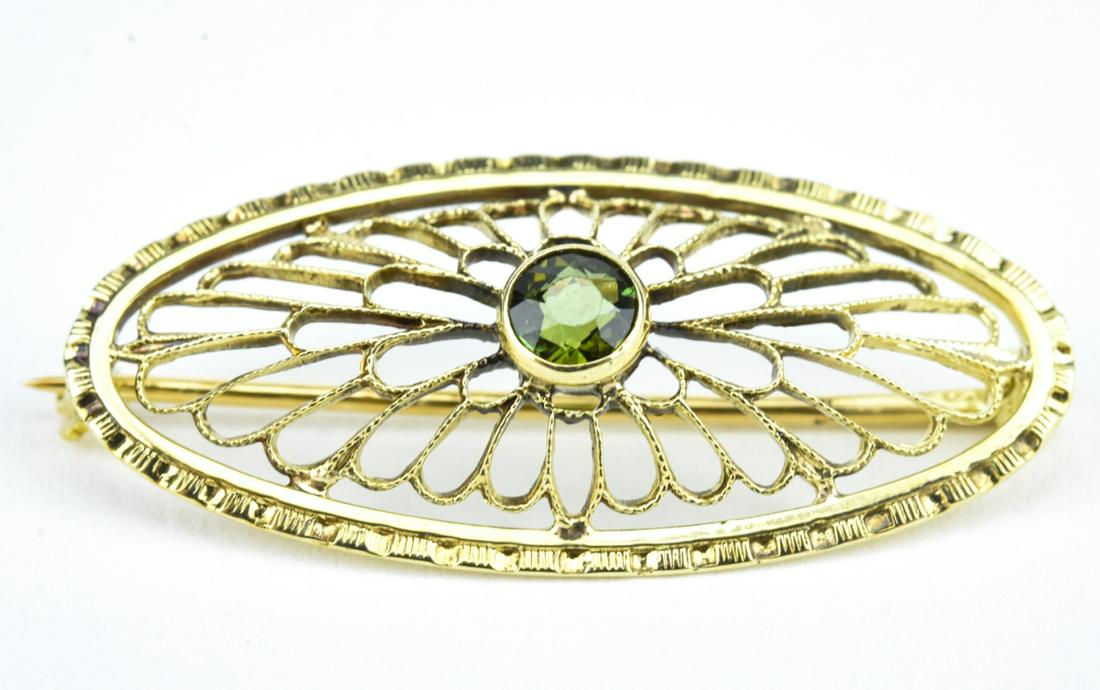 Edwardian 14k Yellow Gold and Peridot Brooch: Edwardian 14k Yellow Gold and Peridot Brooch – Approximately 1.125 x .625 inches. Provenance: From a prominent Westchester Jewelry Store.