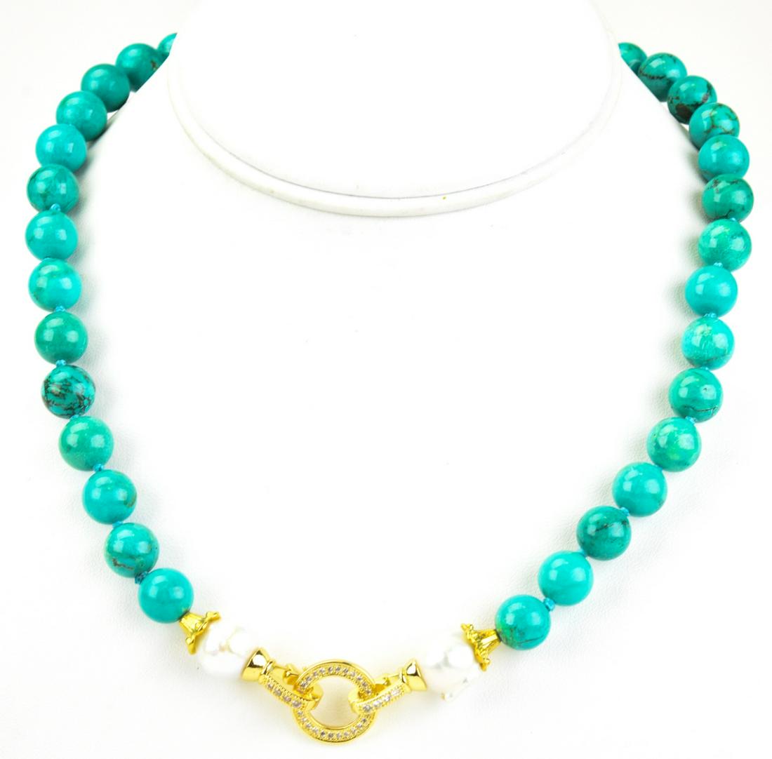 Baroque Pearl, Turquoise & Pave Necklace Strand: Baroque Pearl, Turquoise & Pave Necklace Strand. Featuring 6mm turquoise beads, baroque pearl accents and pave pendant / clasp. Measures 19 inches in length.