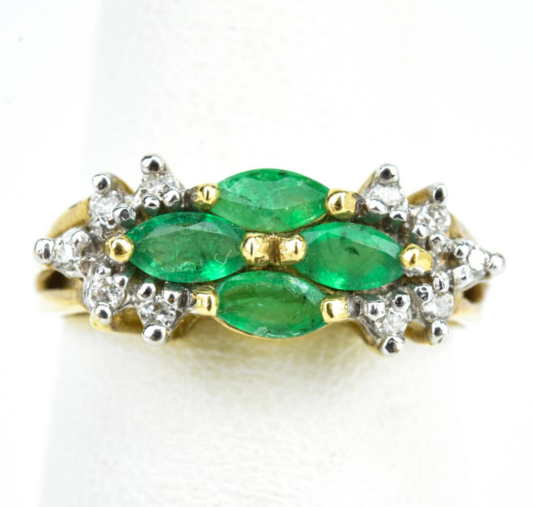 Vintage 14k Gold Diamond and Emerald Ring: Vintage 14k Gold Diamond and Emerald Ring – A ring with natural emeralds in a flower design and diamonds. Approximately a size 5.5. Provenance: From a prominent Westchester Jewelry Store