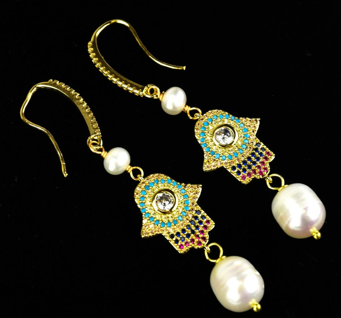 Pair of Baroque Pearl & Hamsa Design Earrings: Pair of Baroque Pearl & Hamsa Design Earrings. Pave set. Each with two baroque pearls. Each measures 2.75 inches in length.