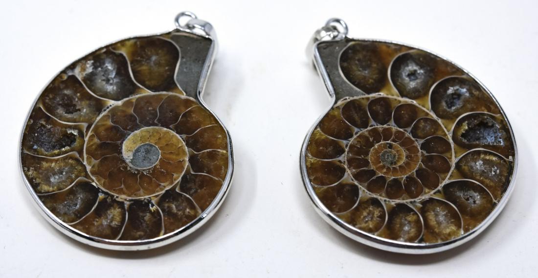 Pair of Ammonite Fossil Mounted Necklace Pendants: Pair of Ammonite Fossil Mounted Necklace Pendants. Each measures just under 2 inches with the bail.