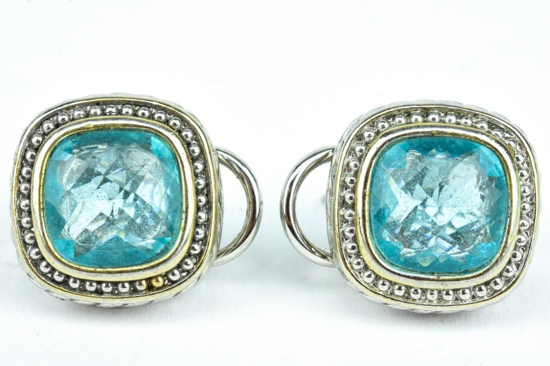 Pair David Yurman Style Sterling & Aqua Earrings: Pair David Yurman Style Sterling & Aqua Earrings. Sterling silver and aquamarine tone stones. Each measures 1/2 inch in square.