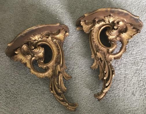 Pair Italian Florentine Style Gilt Wall Brackets: Pair Italian Florentine Style Gilt Wall Brackets. Carved wood. Each measures 13 inches in length.