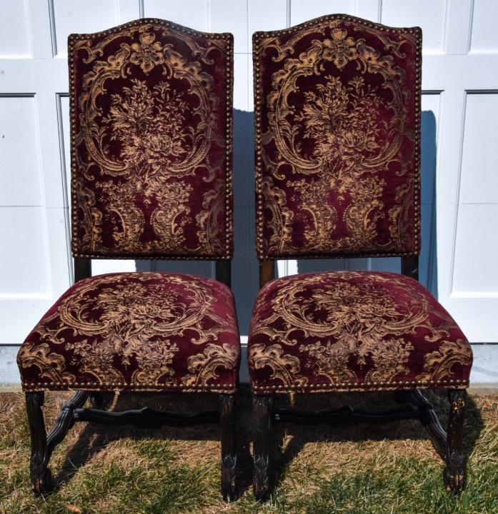 Pair Italian Baroque Revival Carved Side Chairs: Pair Italian Baroque Revival Carved Side Chairs with Damask Custom Upholstery. Upholstered in red and gold damask with nail head trim. 49 inches x 23 inches x 22 inches