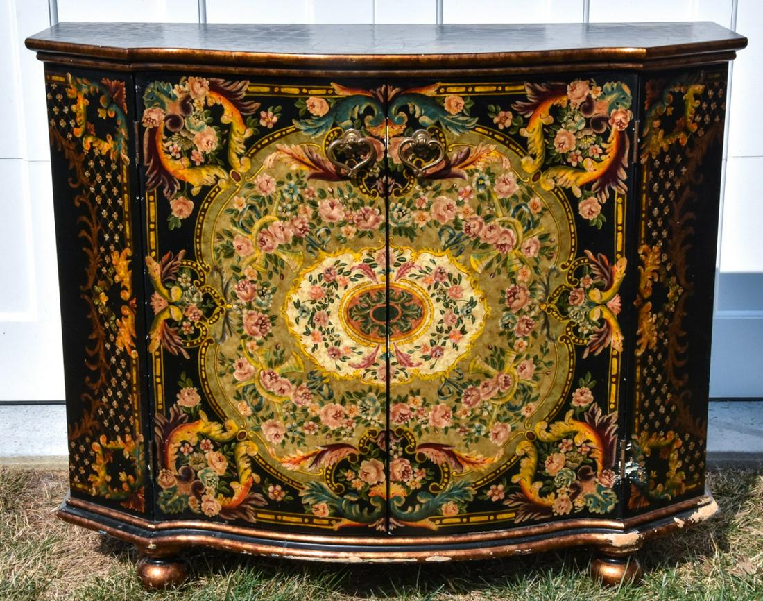 Chinese Chippendale Hand Painted Lacquer Cabinet: Lillian August Chinese Chippendale Chinoisserie Hand Painted Black Lacquer Cabinet.36 inches x 44.5 inches x 18.5 inches