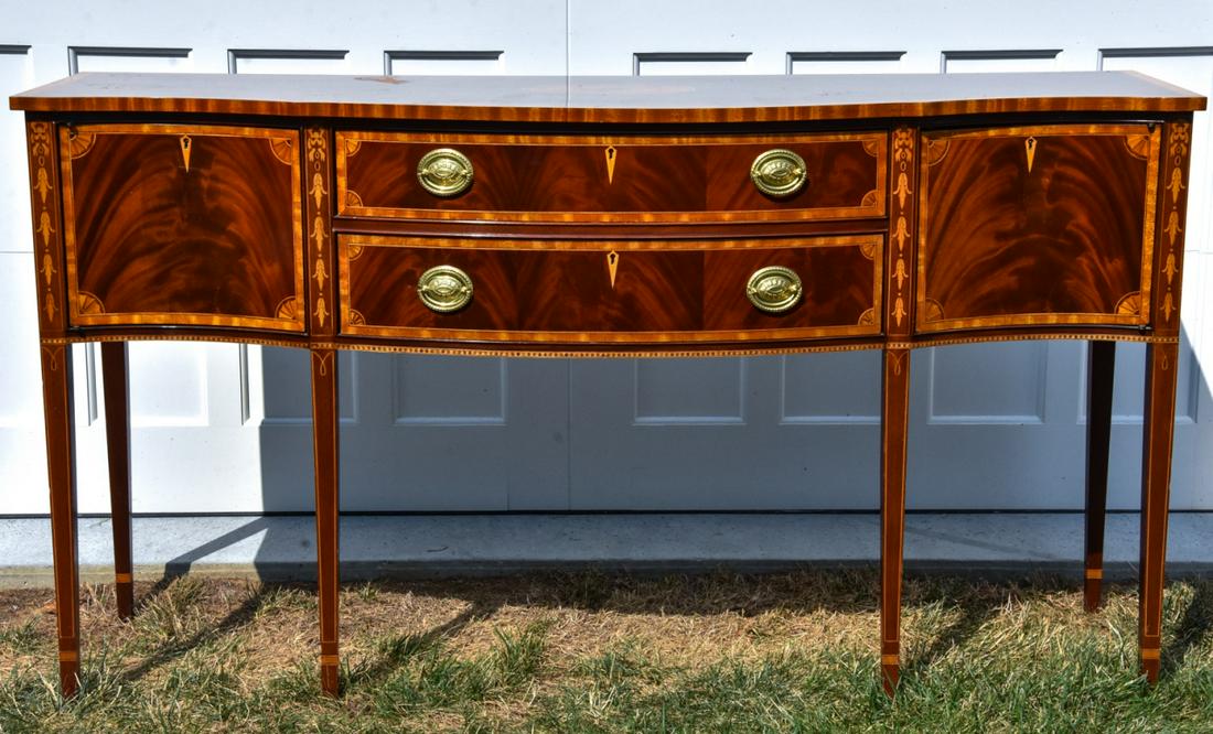 Hepplewhite Marquetry Inlay Carved Sideboard: Hepplewhite Marquetry Inlay Carved Sideboard. 39 inches x 72 inches x 24 inches