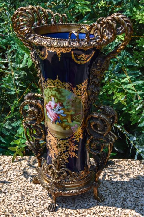 French Rococo Porcelain & Brass Ormolu Centerpiece: French Rococo Hand Painted Porcelain & Brass Ormolu Centerpiece or Hall Stand Featuring Courtship Scenes. 21 inches x 14 inches