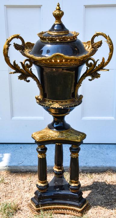 French Rococo Porcelain Ormolu Mount Centerpiece: French Rococo Palace Size Hand Painted Porcelain Ormolu Mount Urn Trophy Form Centerpiece. 43 inches x 21 inches in diameter.