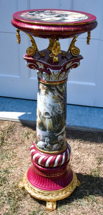 French Rococo Porcelain & Gilt Ormolu Plant Stand: French Rococo Hand Painted Porcelain & Gilt Ormolu Mount Column Form Plant Stand / Hall Stand Featuring Courtship Scenes, Parlor Musicians and Putti. 35 inches x 13 inches in diameter.