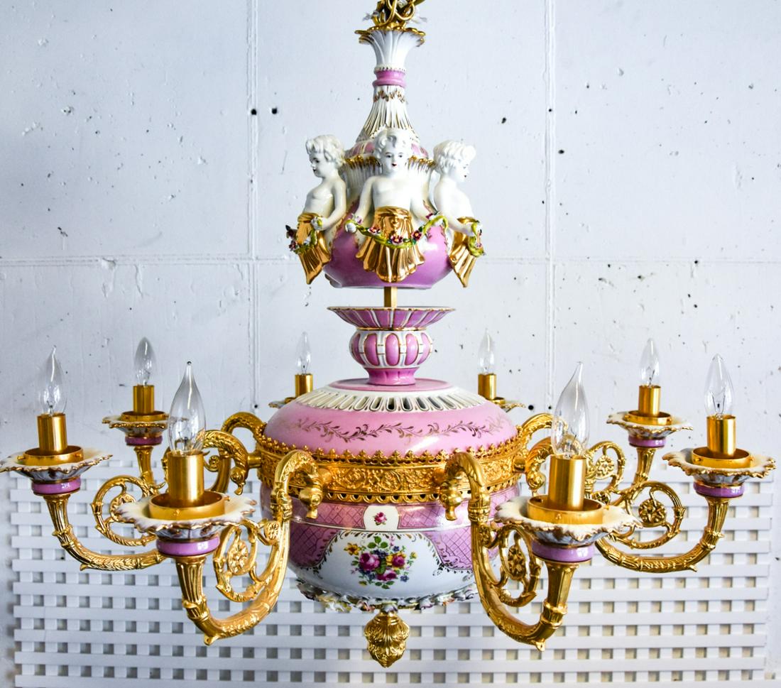 Rococo Porcelain Ormolu Mount Putti Chandelier: French Rococo Grand Hand Painted Porcelain Ormolu Mount Putti Cherub Capodimonte Chandelier. 31 inches x 32 inches in diameter.