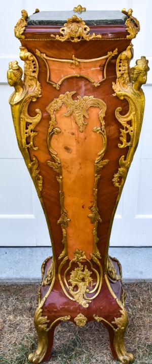 Rococo Palace Size Porcelain Ormolu Mount Stand: French Rococco Palace Size Exotic Woods Marble Top Ormolu Caryatid Mount Plant Stand or Hall Stand.